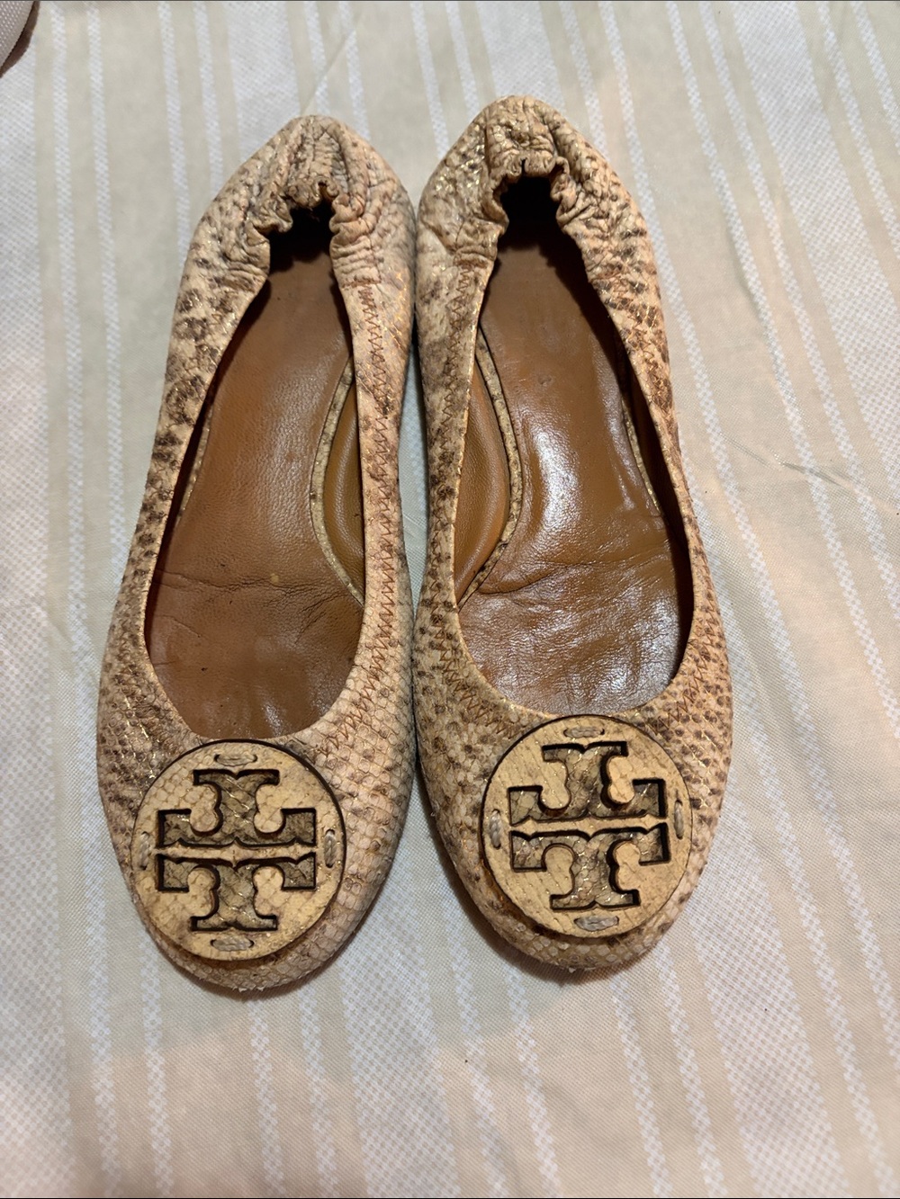 Tory Burch Beige Snake-Print Logo Ballet Flats
